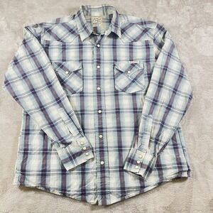 Lucky Brand Men's Blue Plaid Long Sleeve Pearl Snap Cotton Shirt‎ Large